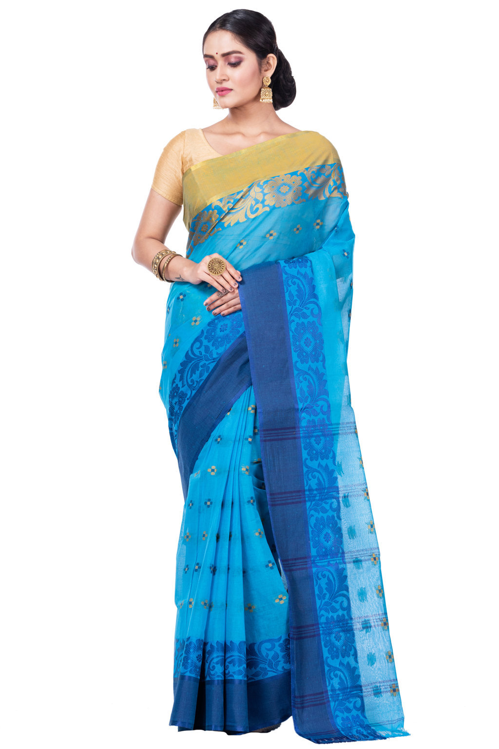Blue Pure Cotton Ganga Jamuna_Latapar Tant Saree (652)